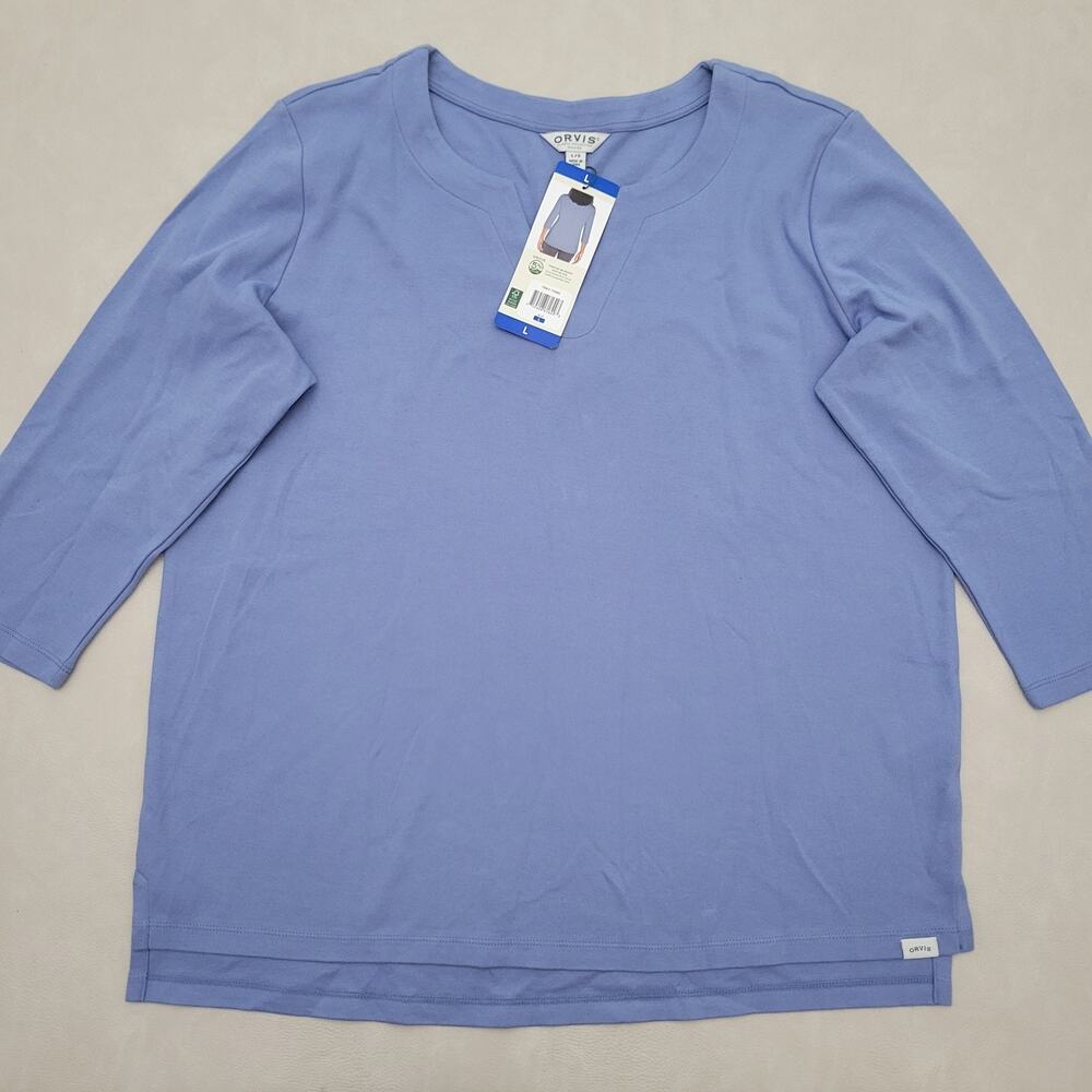 Orvis Ladies' Pima Cotton 3/4 Sleeve Tee Notch Neck T-Shirt Blue Large